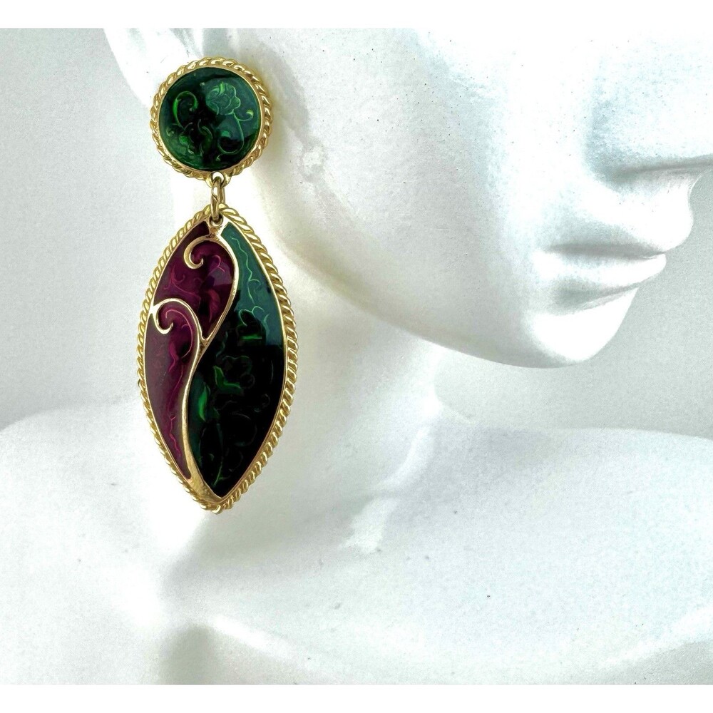 Edgar Berebi Vintage 80s Enamel Statement Earrings Gold Tone Dangle Swirl